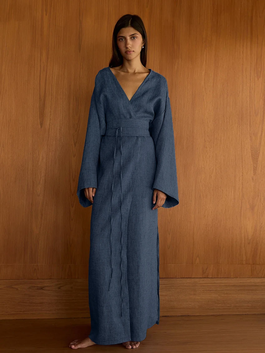 Marthaqiqi Casual Female Pajamas Long Sleeve Sleepwear Sexy V-Neck Nightwear Lace Up Nightgowns Ankle-Length Dress Women Nightie