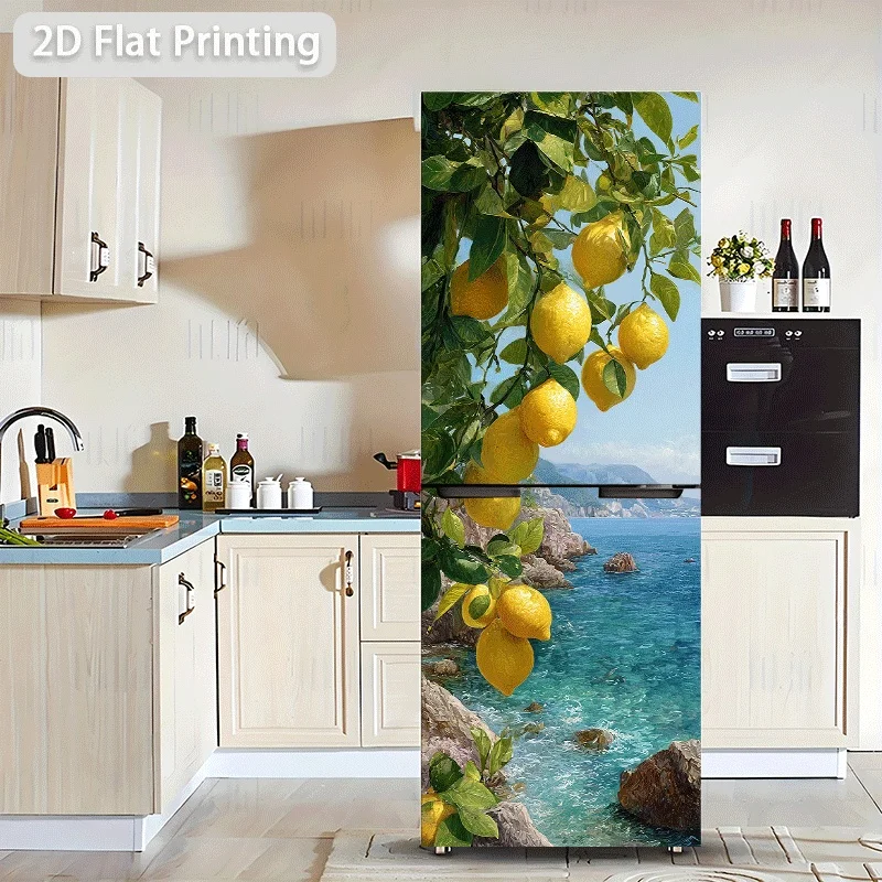 of Refrigerator Sticker Measuring Featuring a Seaside Lemon Tree Theme, Self-Adhesive Wall Decor Suitable for Cabinets And War
