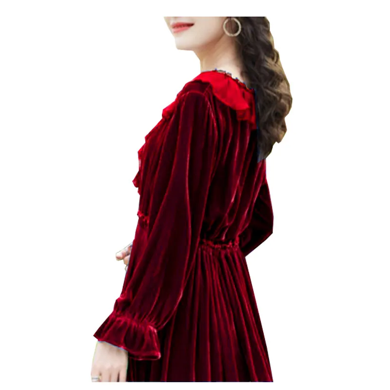 Fengbaoyu Silk Velvet Autumn Winter Lady's Long-sleeved Lotus Leaf V-collar Medium-length Skirt Party Dresses Free Shipping