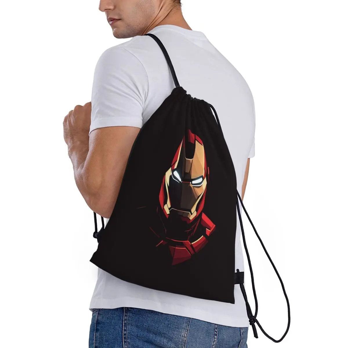 Custom Iron Man Drawstring Bag Men Women Lightweight Comics Animation Sports Gym Storage Backpack