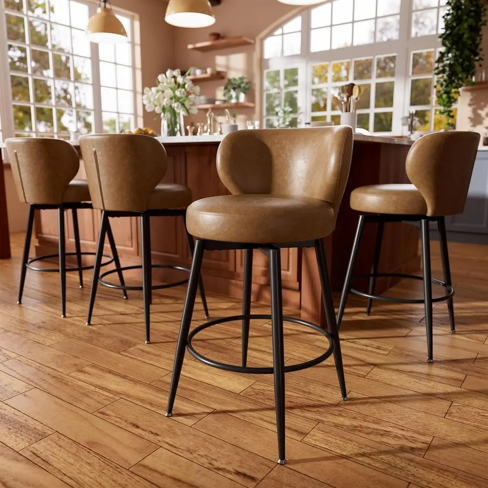 

Set of 4 26 Swivel Leather Counter Height Bar Stools with Backrest and Footrest for Home Bar and Dining Room, Brown