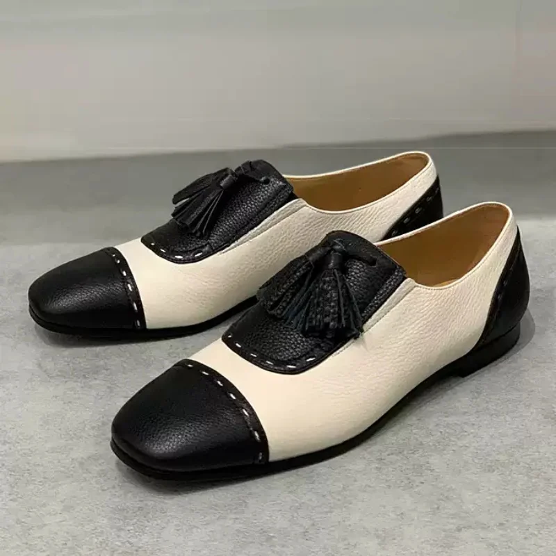 

Tassel Mixed Color Women Leather Shoes Round Toe Slip On Mary Jane Casual Street Flats Fashion Casual Loafers