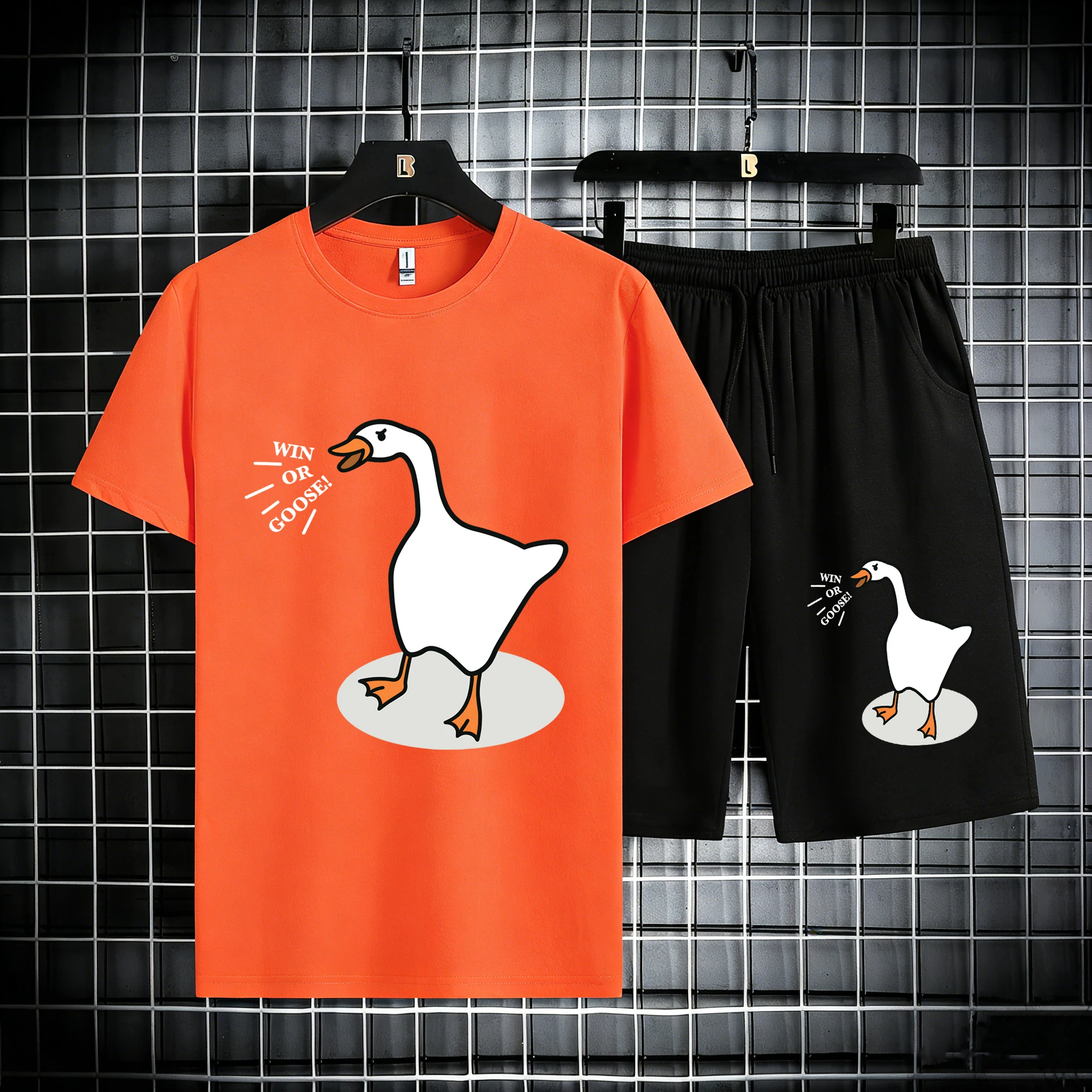 

Win Or Goose Printed Stretch Basics Tees & Shorts Male Suits Cotton Summer Fashion Streetwear Casual Running Short Sleeve Unisex