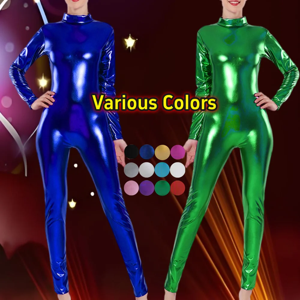 

Women's Shiny High Neck Unitard Catsuit Cosplay Bodysuit Halloween Costume with Back Zipper for Dance Stage Performance