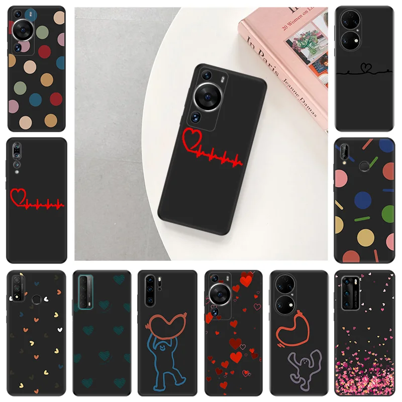 Black Soft Phone Case for Huawei P40 P30 P20 Lite P_Smart Z Heart Circle Dots Motorola G30 G31 One Fusion Edge 20 30 Pro Cover