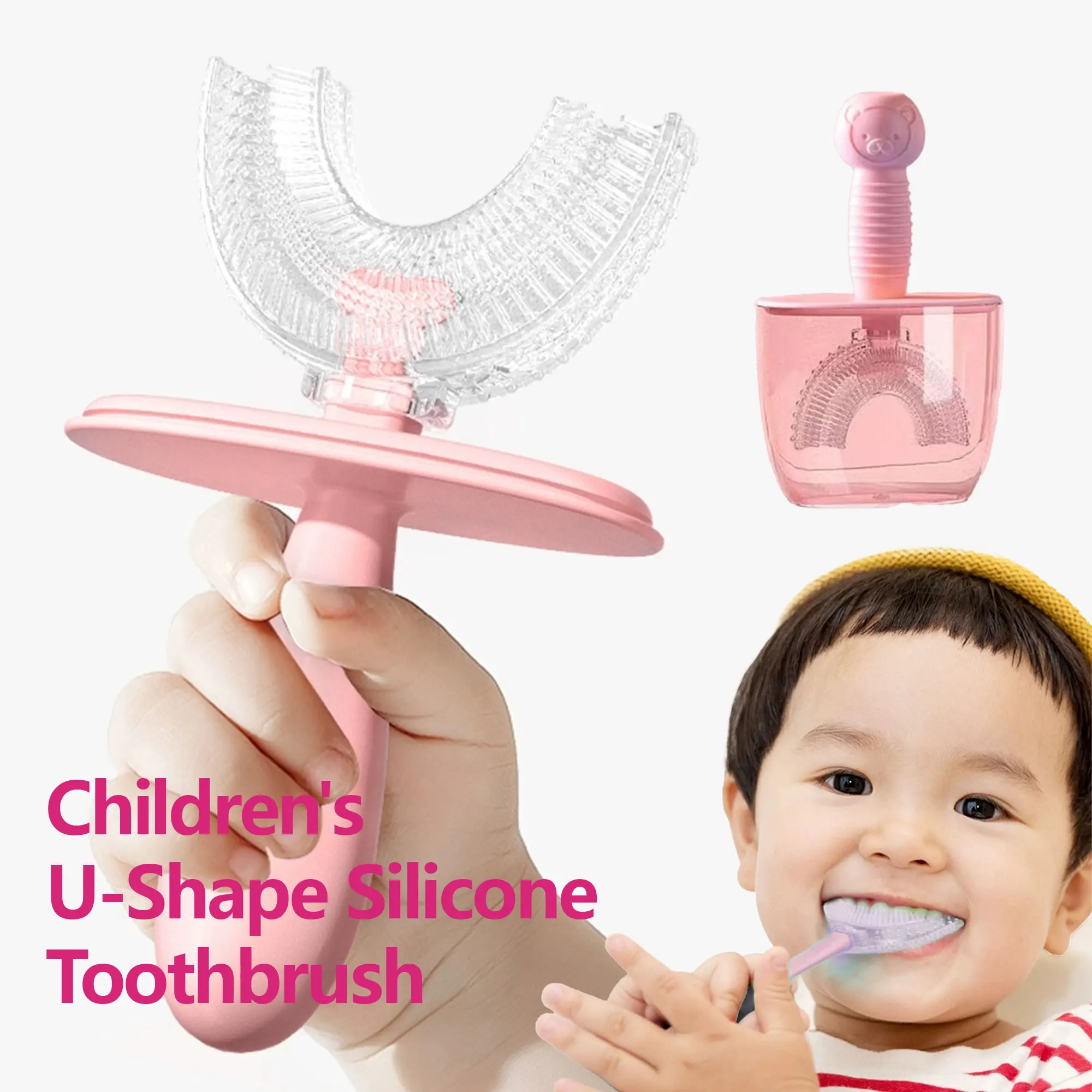 Mouthful children\'s U-shaped silicone toothbrush with anti slip bear head handle, can be cleaned with just a shake of the teeth