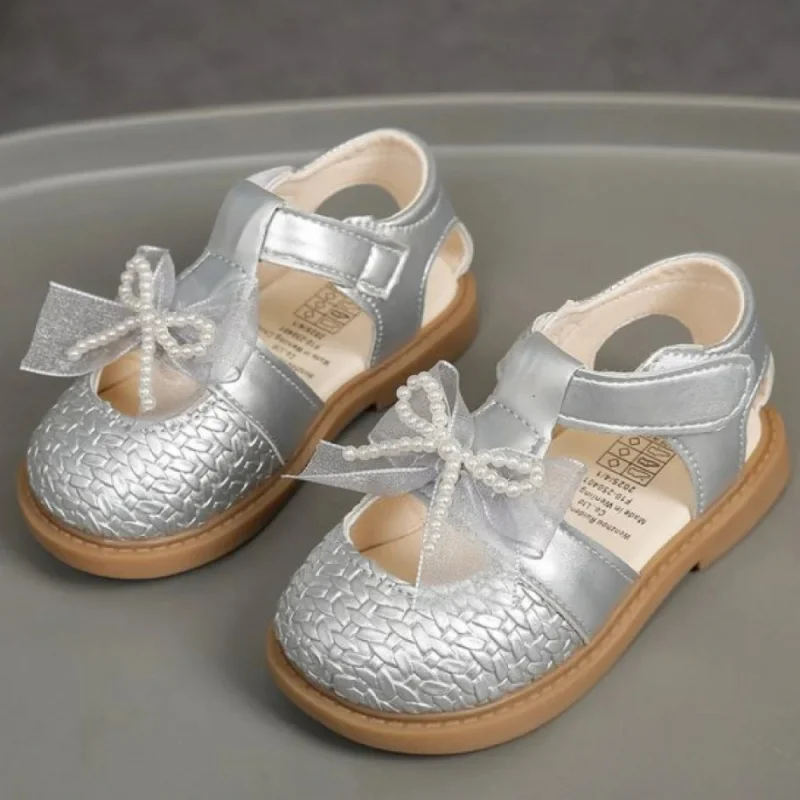 

Korean Style Summer Sandals For Girls PU Leather Trend Fashion Girl's Sandal Luxury Pearl Bow Children's Princess Footwear