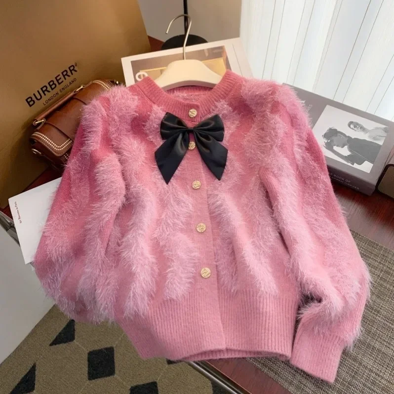 Faux Mink Sweater Women Knitted Cardigan Coat Wave Shiny Thread Bow Gradient Color Tops Fashion Knitwear Chic Ladies Jumper 2024