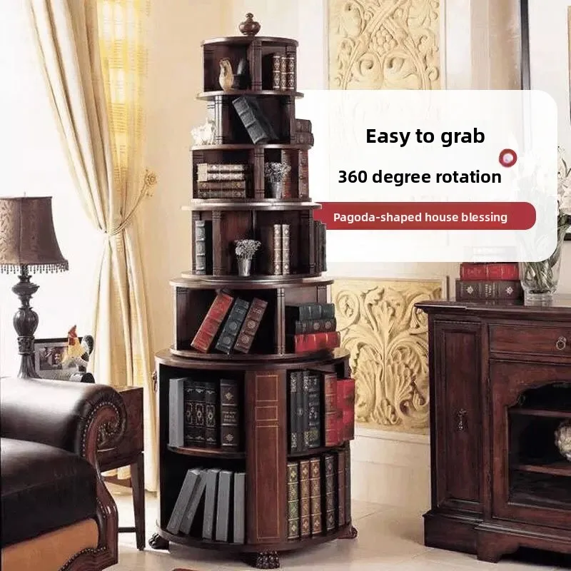 American solid wood multi-layer rotating bookcase, European living room display shelf, floor-to-ceiling study corner cabinet