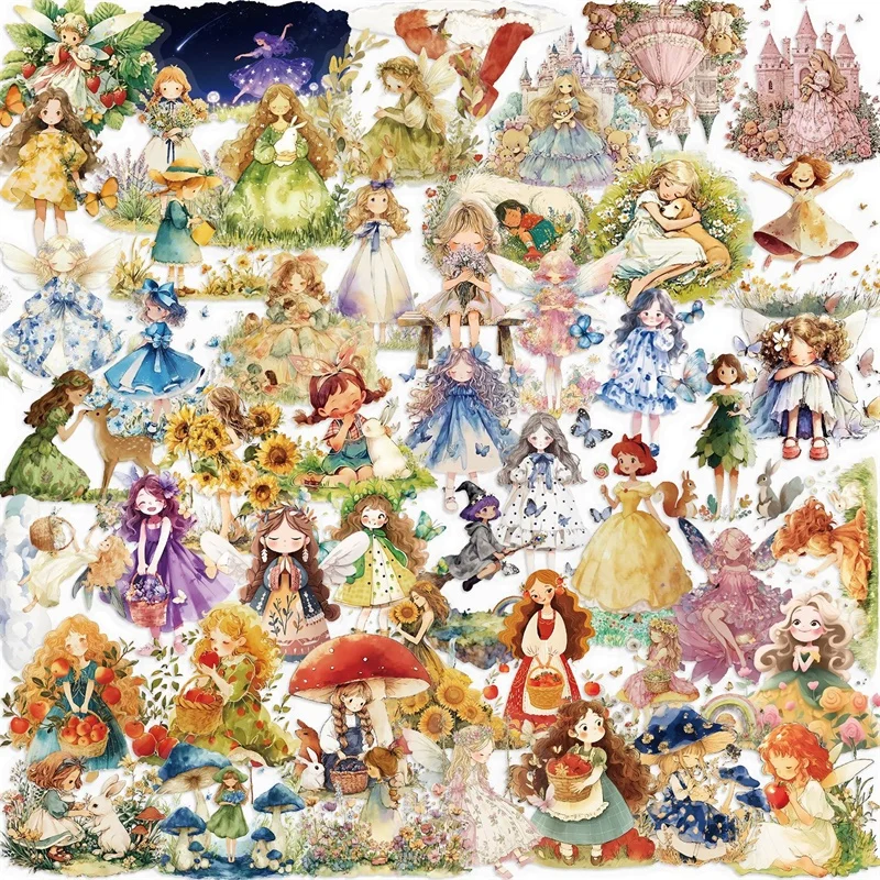 

50PCS Colored Fairy Tale Princess PET Sticky Sticker Aesthetic Stationery DIY Decoration Scrapbooking School Supplies for Kids