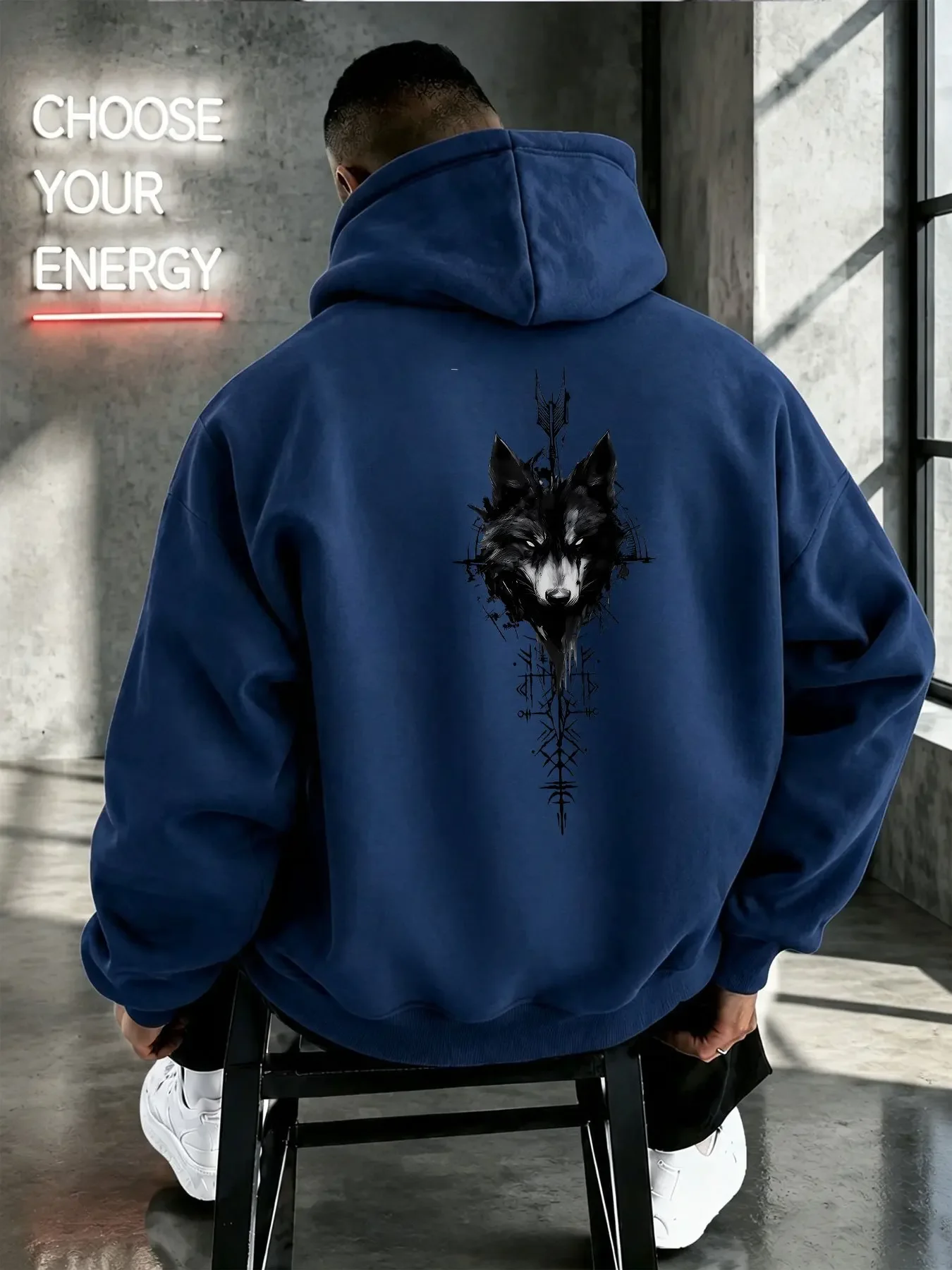Mens Wolf Head Arrow Rune Print Hoodie Red Back Graphic Drawstring Kangaroo Pocket Loose Pullover Sweatshirt Dark Art Top