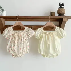 0-2 Years Old Newborn Baby Girl Summer Floral Puff Sleeve Romper with Bow-tie Princess Baby Rompers