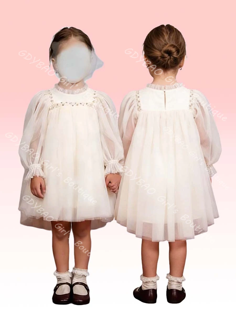 

Индивидуальное детское праздничное платье из пышного фатина для девочек 2026 года, длиной до колена, с длинными рукавами, для свадеб, для девочек-цветочниц, для причастия