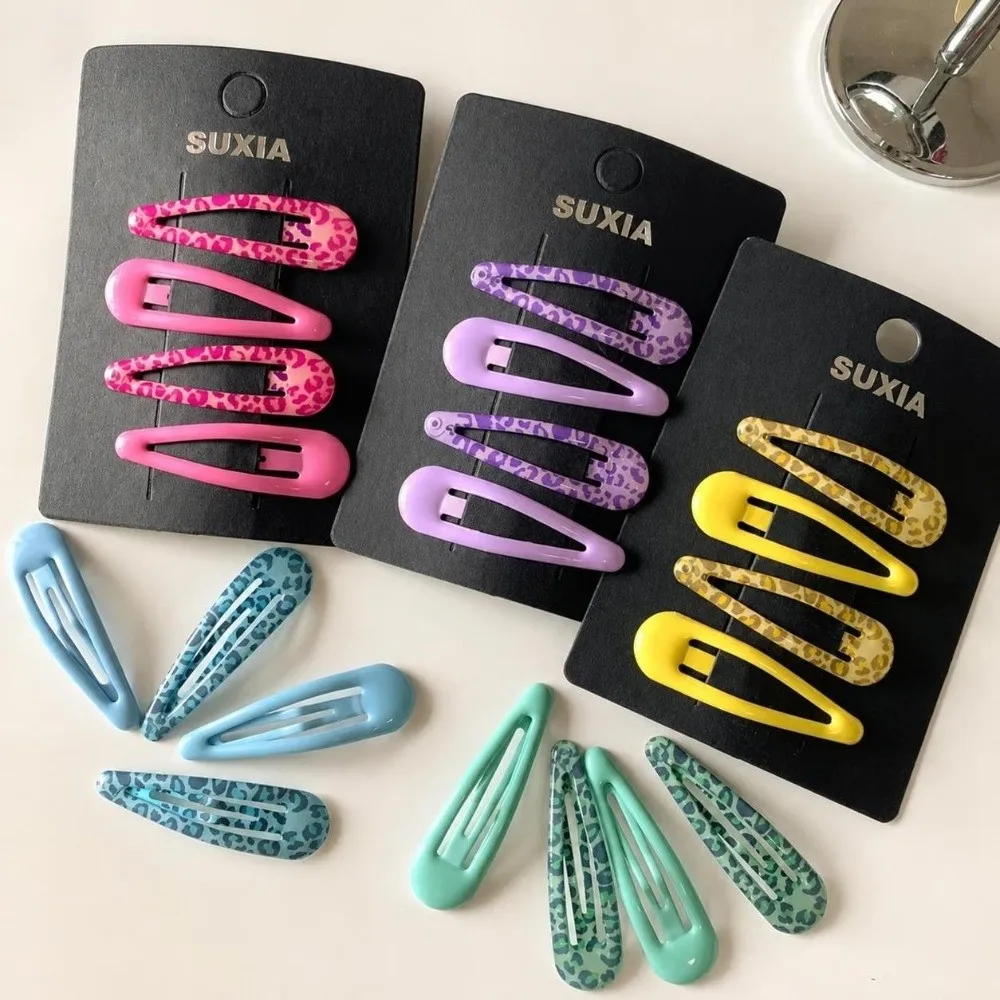 4Pcs/set Cute Triangle Shape Hair Clips Set Leopard Pattern Bangs Clip Design Baby Hair Clips Sweet Candy Color Side Hair Clips