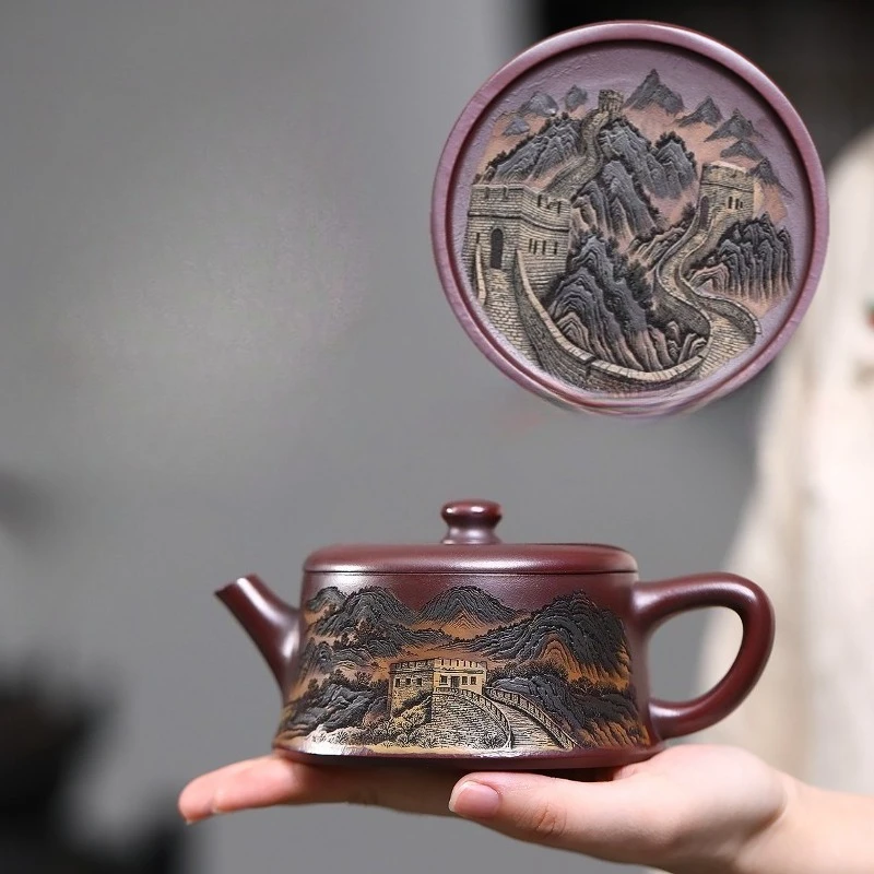 Yixing Zisha Teapot Made From Raw “Ancient Bronze” Clay, Fully Engraved with Scenic Views of Rivers and Mountains