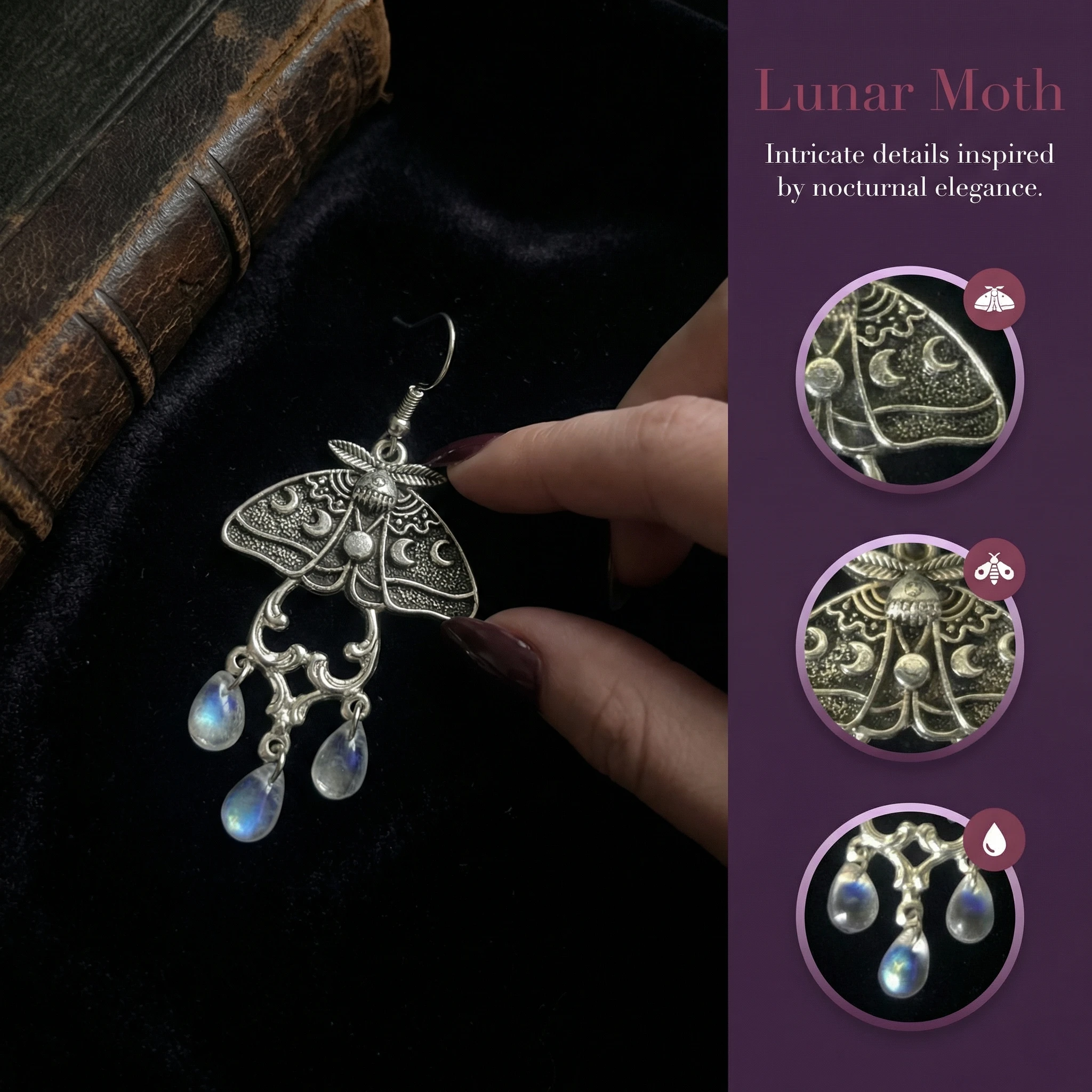 Moth-Shaped Pendant Earrings Decorative Flower Waterdrop Shaped Glass Earrings Fashionable Jewelry Accessory Moonlight Pendant