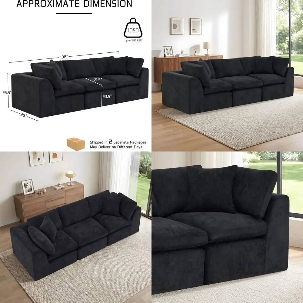 3 Seater Sofa, Cloud-Inspired Couch for Living Room, Comfortable Sectional Sofa, No Assembly Needed, Sleek Black Living Room Fur