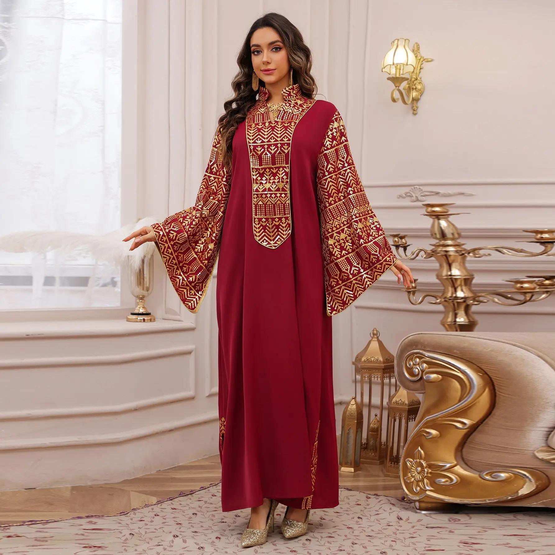 

America Middle East New Fashion Women's Plus Size Sequined Embroideried Casual Trendy Elegant Loose V-neck Abaya Female Dress