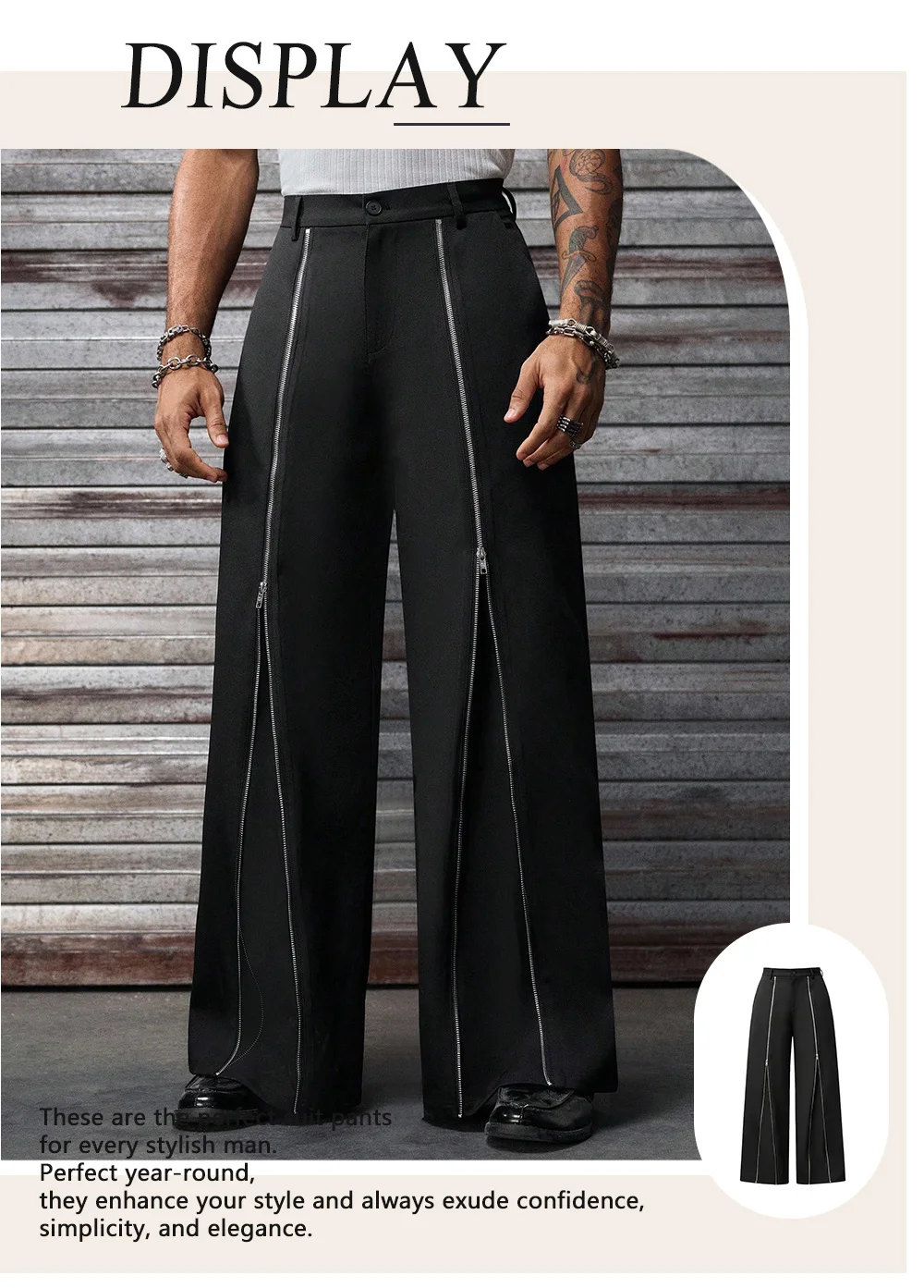 Frühling/Sommer Herren Einfarbige Gewebte Hose, Reißverschluss-Dekor, Hohe Taille, Locker Geschnittene Weite Beine, Lässige & Formelle Anzughose für den Täglichen Arbeitsweg – Detail 1