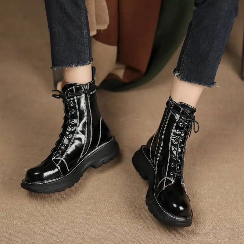 Krazing Pot Wool Cow Leather Round Toe Med Heels Snow Boots Cold-resistant Fur Deign Brand Retro Fashion Lace-up Ankle Boots image 4
