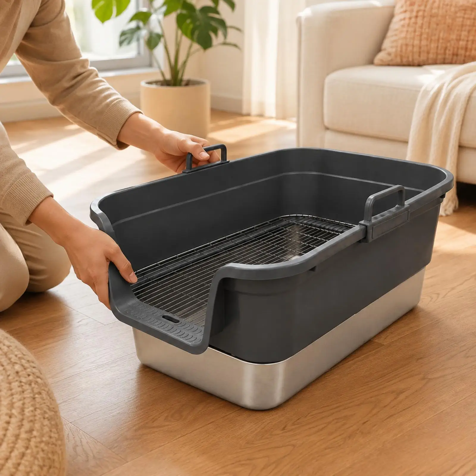 Handheld Small Pet Potty with Removable Grate Hygienic Small Pet Litter Pan with Stainless Steel Tray High-Sided Stainless Steel