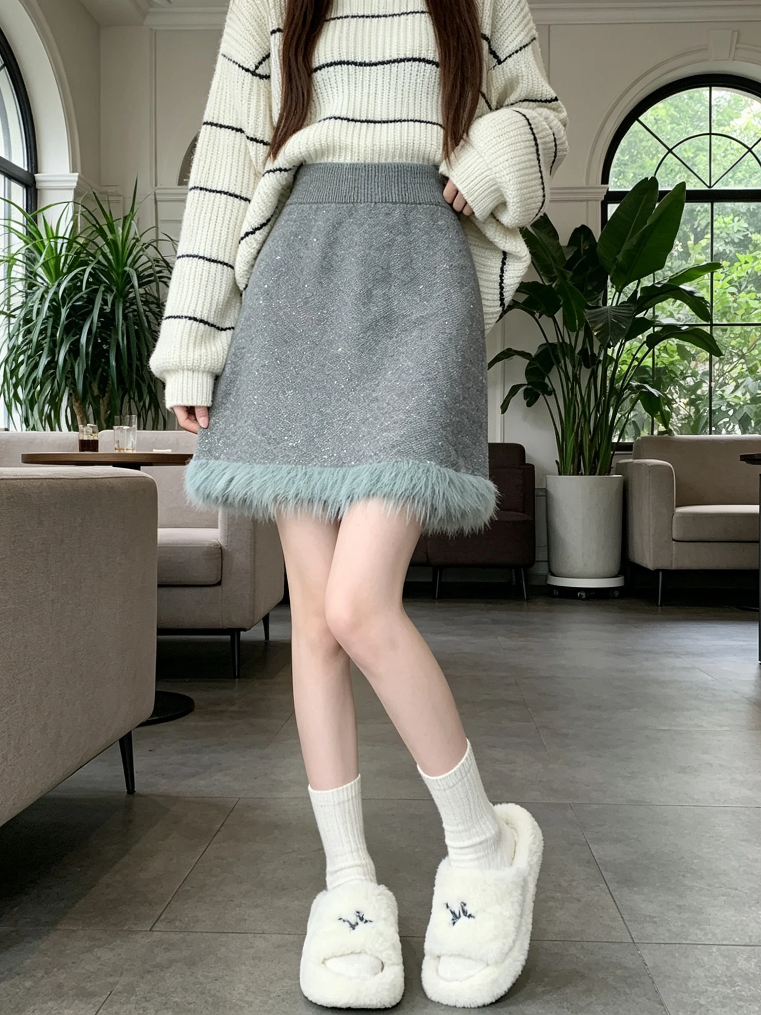 Sexy Plaid  Skirt Spring Autumn Glitter Knitted Plush High Waist A-Line Skirt Trendy Commute Polyester Fiber Short Skirt ...