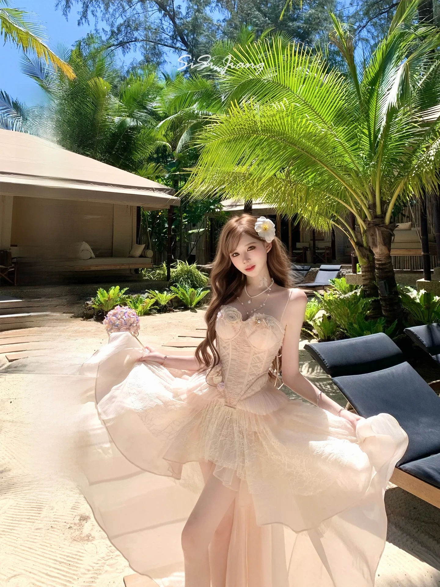

Romantic Fishbone Top with Waist Cinching Skirt Half Length in Mesh Fabric Vintage Style by Sisi Jiang Summer Fashion Set