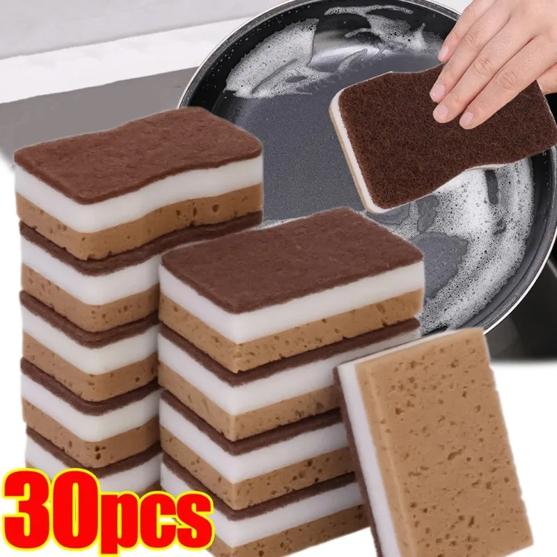 30/5Pcs Scrub Sponges Double-sided Thickened Sandy Fiber Seaweed Sponge Kitchen Dishwashing Cleaning Wipes Magic Scouring Pads