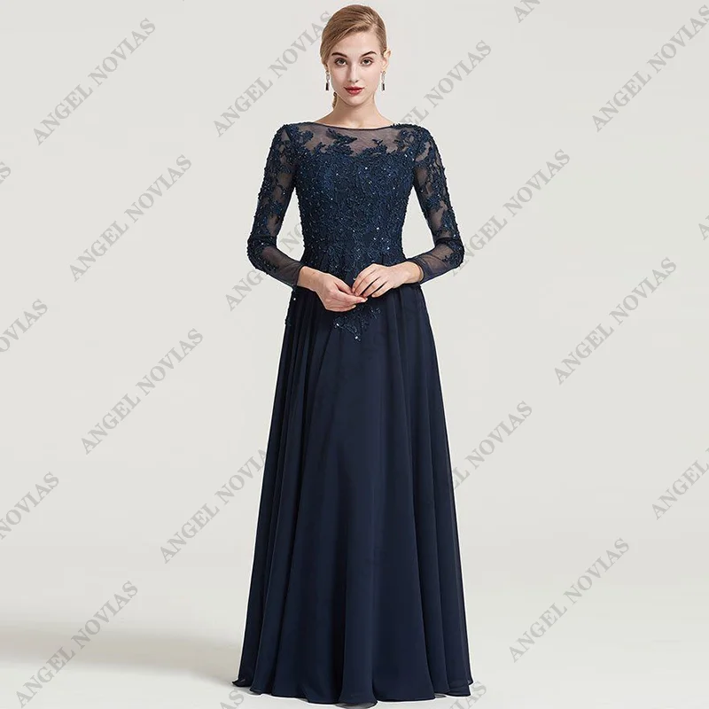 

Customized Navy Blue Mother of the Bride Dress A-line Jewel Neck Wedding Guest Evening Gown vestidos mama de la novia elegantes