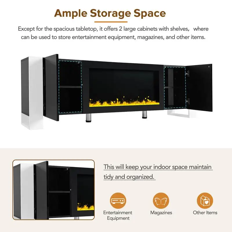 Supporto TV moderno con camino elettrico da 34,2", centro di intrattenimento lucido, 2 armadi, console multimediale per TV fino a 78",