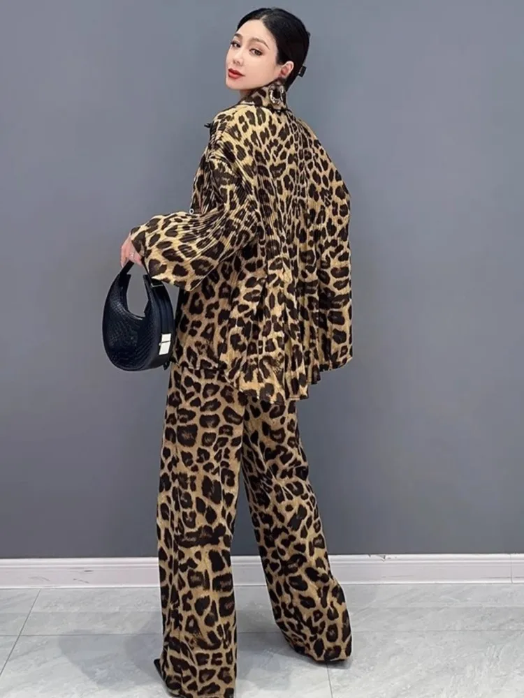 Fashion Leopard Print 2 Pieces Pants Set Women Loose Long Sleeve Shirts Wide Leg Pants Outfits Autumn Female Vintage Streetwear image 3