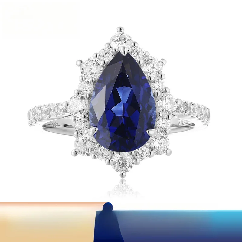 Custom Design Lab Grown Sapphire Pear Shape Royal Blue Color Gemstone AGL Certificate Available Silver Ring For Anniversary Gift