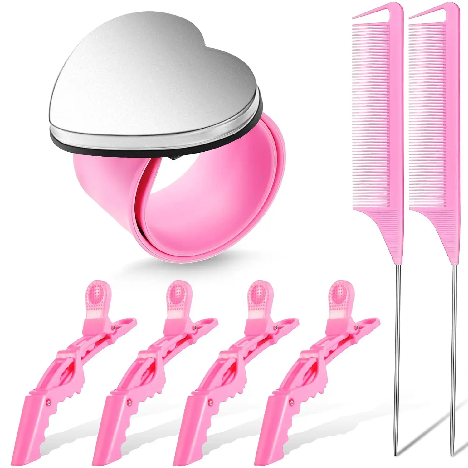 

7-Piece Hair Braiding Set with Magnetic Wristband, Rat Tail Combs, and Alligator Clips in Pink