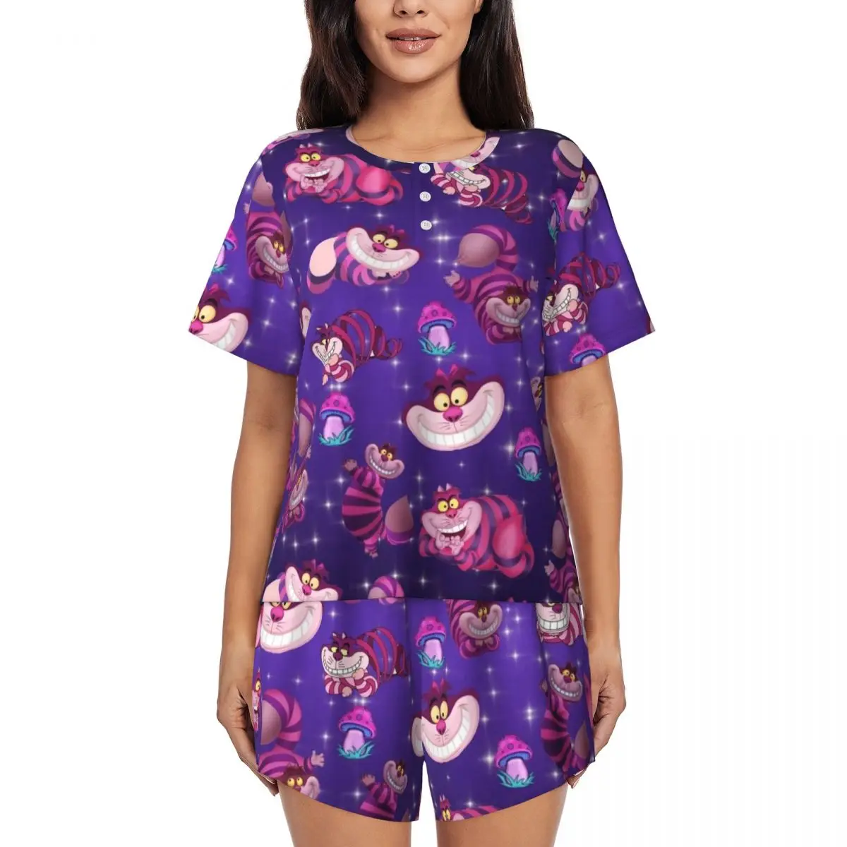 

Alice In Wonderland Cheshire Cat Pajamas Set for Women Short Sleeve Sleepwear Loungewear 2 Piece Pjs