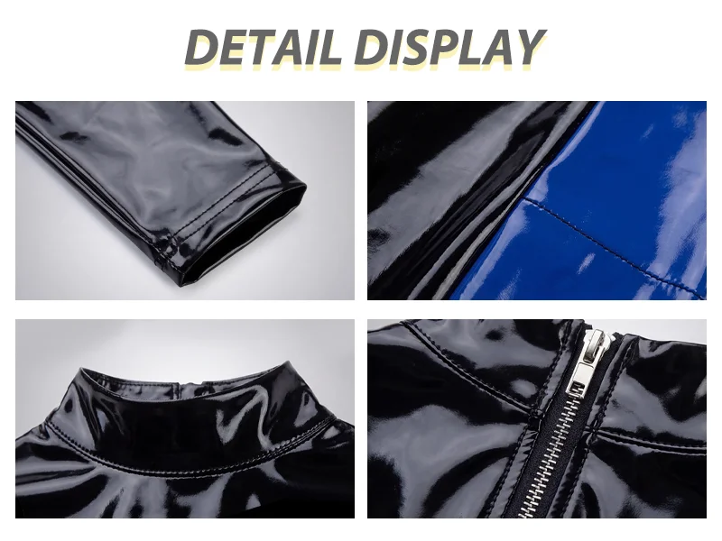 Damen Glänzendes Stretch-Kunstleder Figurbetontes Sexy Minikleid Neues Kleid Glänzendes PU Langarm Rückenreißverschluss Offenes Kurzes Kleid – Detail 5