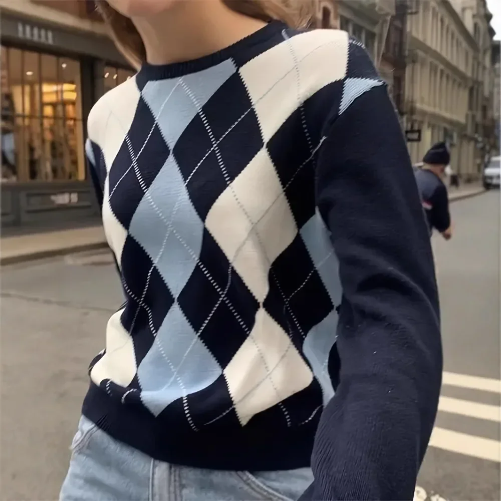 Women's Round Neck Long Sleeve Thick Jacquard Diamond Knit Sweater Spring Autumn European Style Ladies Knit Top