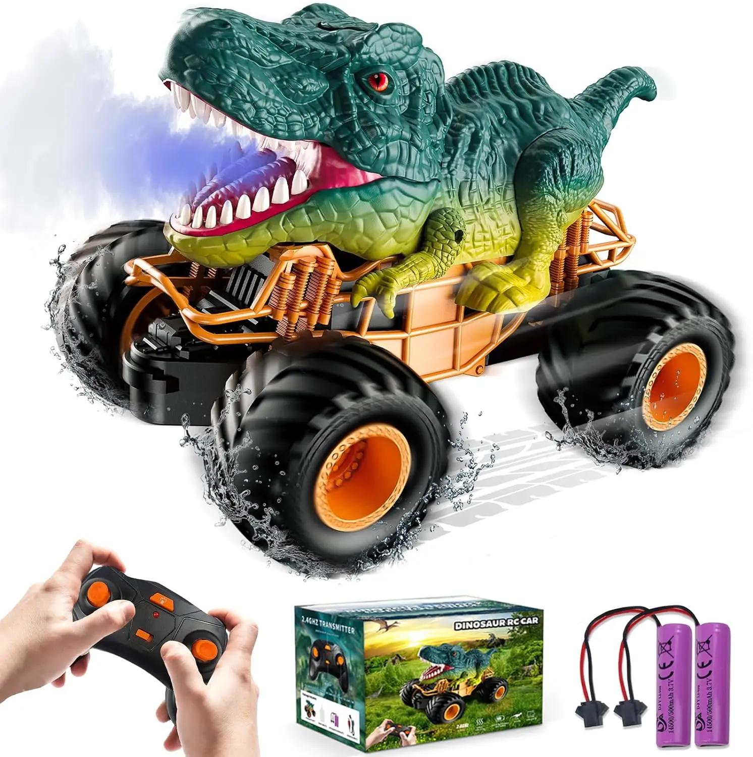 BOBOTATA Remote Controlled Car Kids Monster Dinosaur Truck Toys 2.4GHz with Light,Sound,Spray,All Terrain RC Cars Children Gift