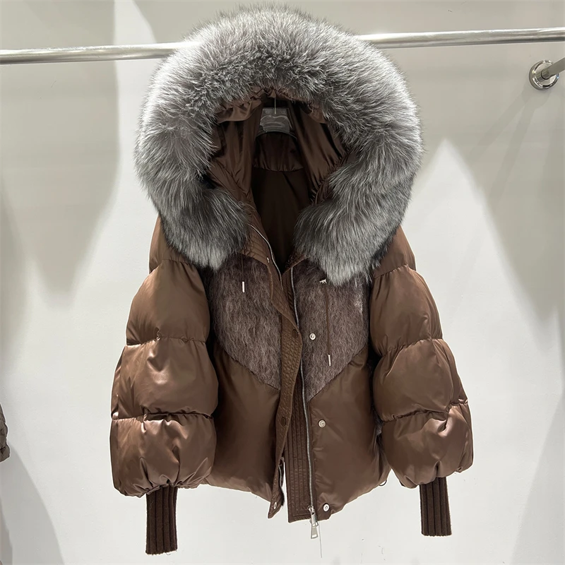 Women Winter Puffer Jacket, Mid Length Goose Down Coat, Oversized Fox Fur Collar, Hooded Thick Warm Quilted Down Jacket Fur Trim