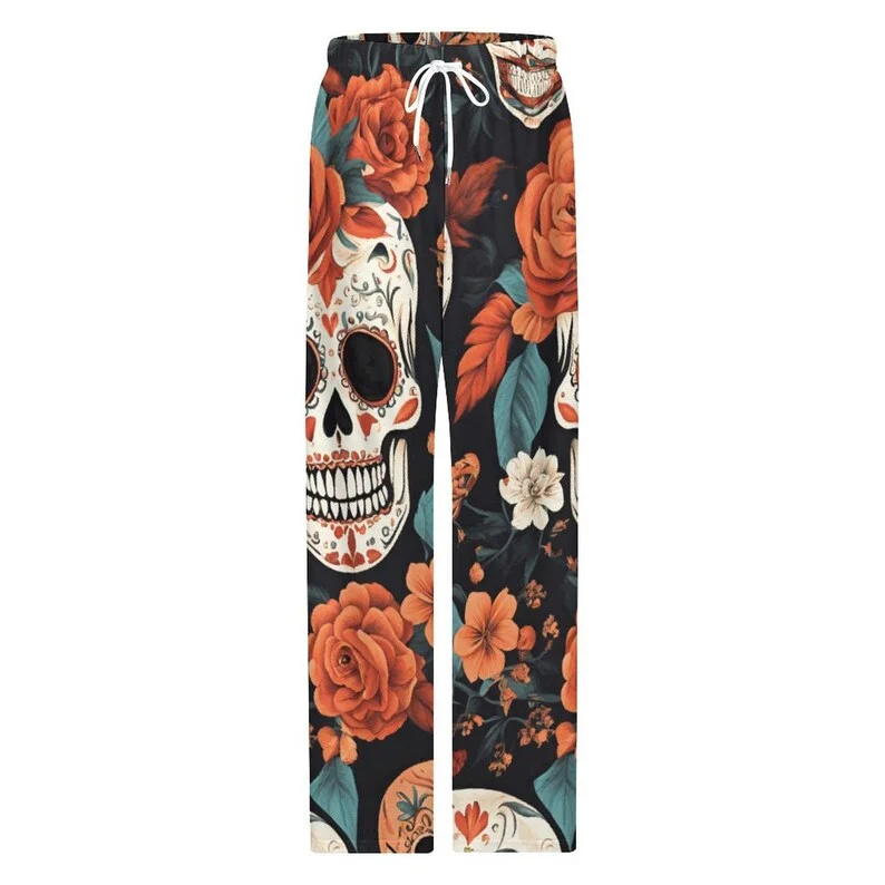 Men's and Women's Sugar Skull Flower Wide Leg Pants, Mexican Day of The Dead Rose Print Festival Street Style Loose Casual Pants