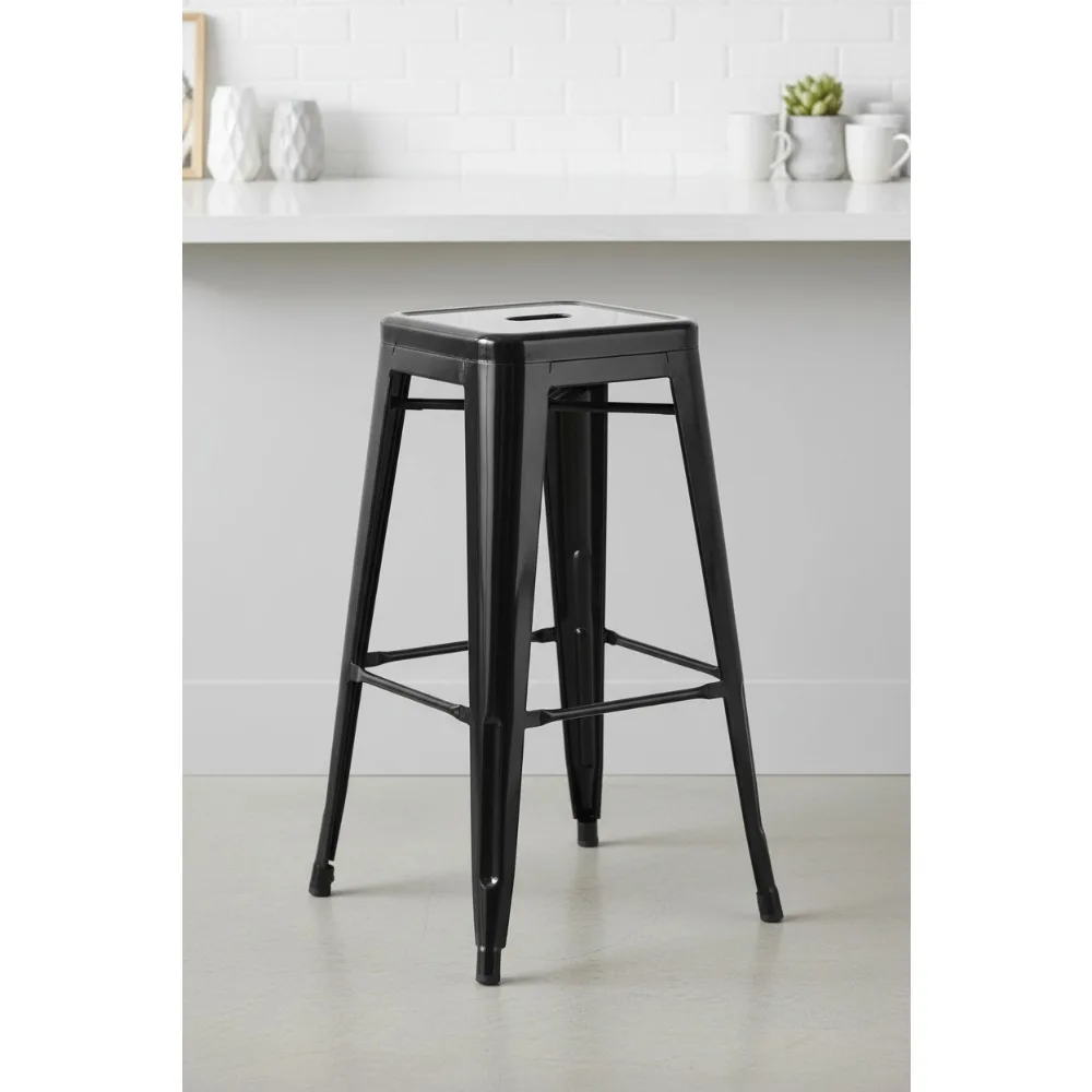Modern Metal Backless Bar Stool 30"H Stackable Indoor Outdoor Commercial Use Black Industrial Style