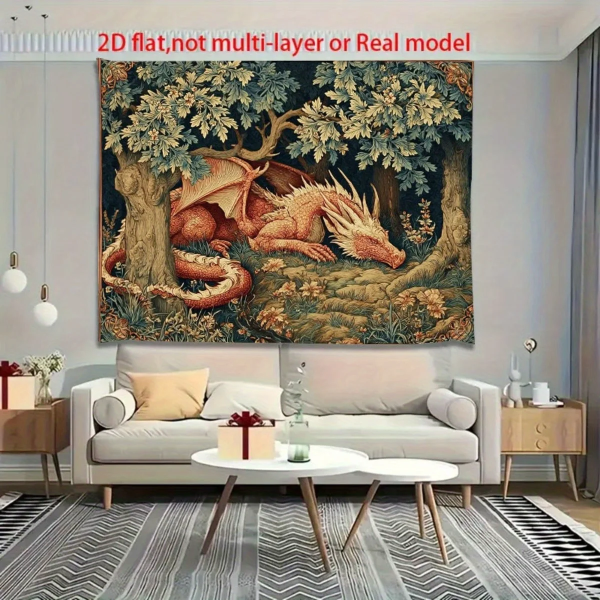 Vintage Dragon Resting In Forest Tapestry Art Style 2D Flat Tapestry Backdrop For Living Room Decor Fantasy Wall Hanging