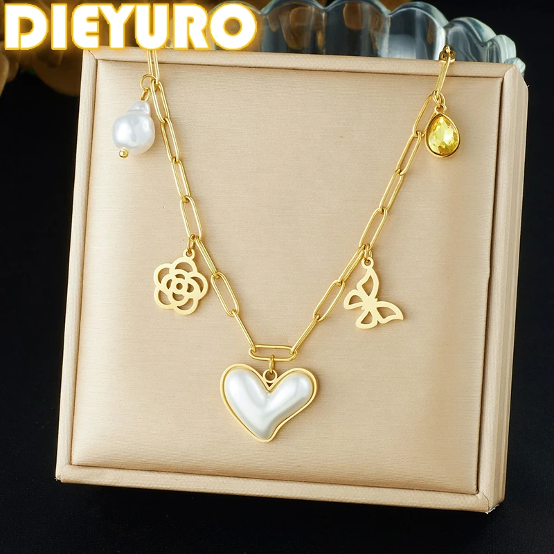 DIEYURO 316L Stainless Steel Pearl Inlay Heart Hollow Out Flower Butterfly Pendant Necklace Lady Waterproof Neck Chain Jewelry