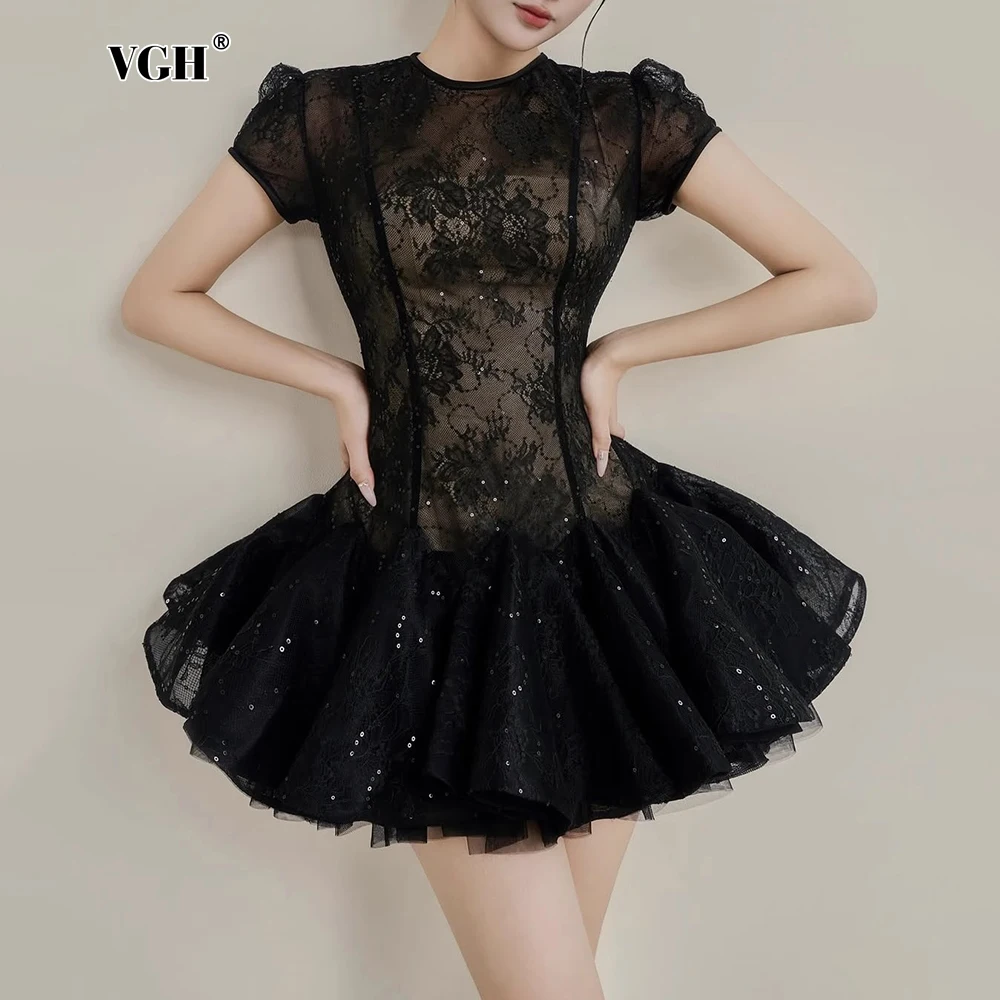 

VGH Sexy Lace Folds Slimming Mini Princess Dresses For Women Round Neck Short Sleeve High Waist Elegant Dress Female Fashion New