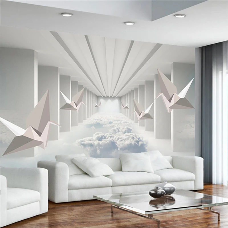 Customized products 3D Wallpaper Modern Stereo Paper Crane Cloud Building Photo Mural Living Room TV Sofa Bedroom  Background 8d