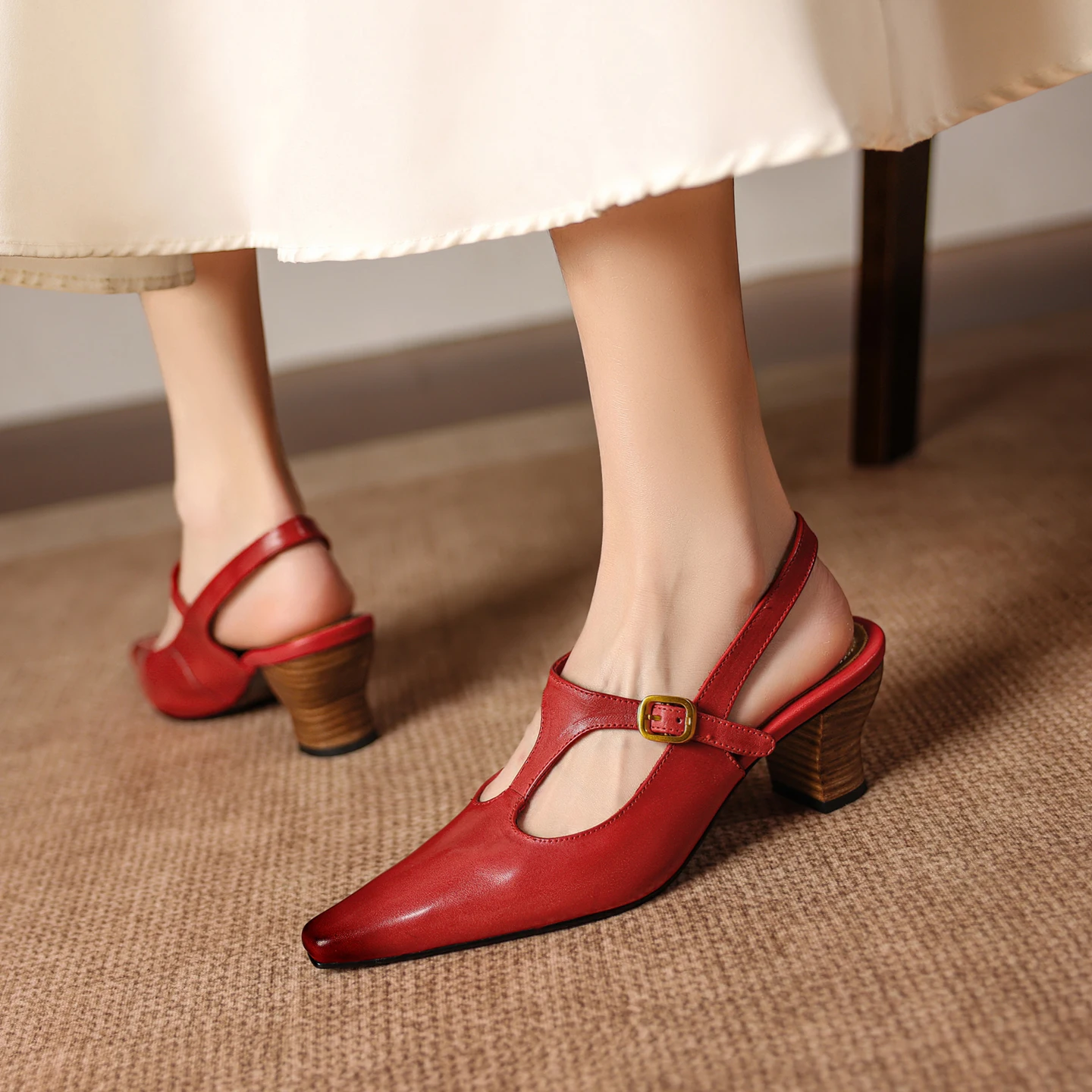 

Genuine Leather Cowhide Women's Sandals,Pointed Closed Toe T-Strap Stiletto High Heels, Fashion Party Women's Shoes
