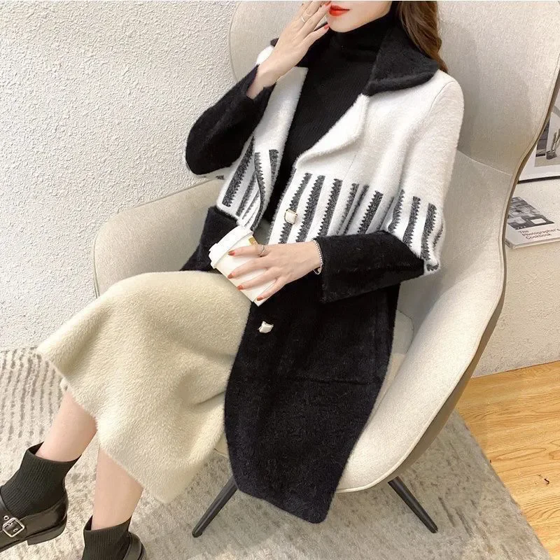 Chic Woolen Coat Women's Overcoat Fashion Suit Collar Loose Mid-Length Mink Fleece Coat Autumn Winter New Korean Warm Jacket