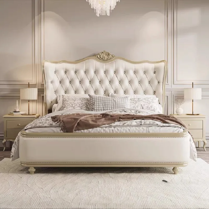 

European Luxury Double Bed High End Glamorous Full Size Bed Wood Frame Platform Headboard Safe Letto Matrimoniale Home Furniture