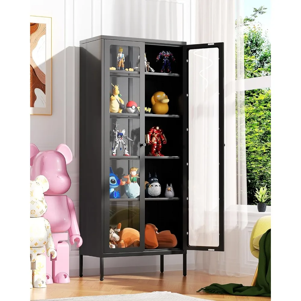 

Metal Storage Cabinet, Black Display Curio Glass Storage Cabinet with Glass Doors and 4 Shelves, for Home Office, Living Room
