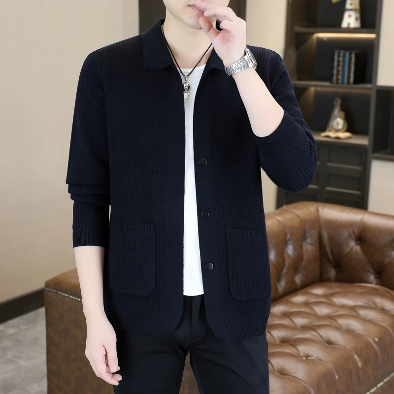 

Мужской вязаный кардиган однотонный, повседневный, тонкий, с длинным рукавом, с воротником, осенний, универсальный, базовый, из смесового полиэстера