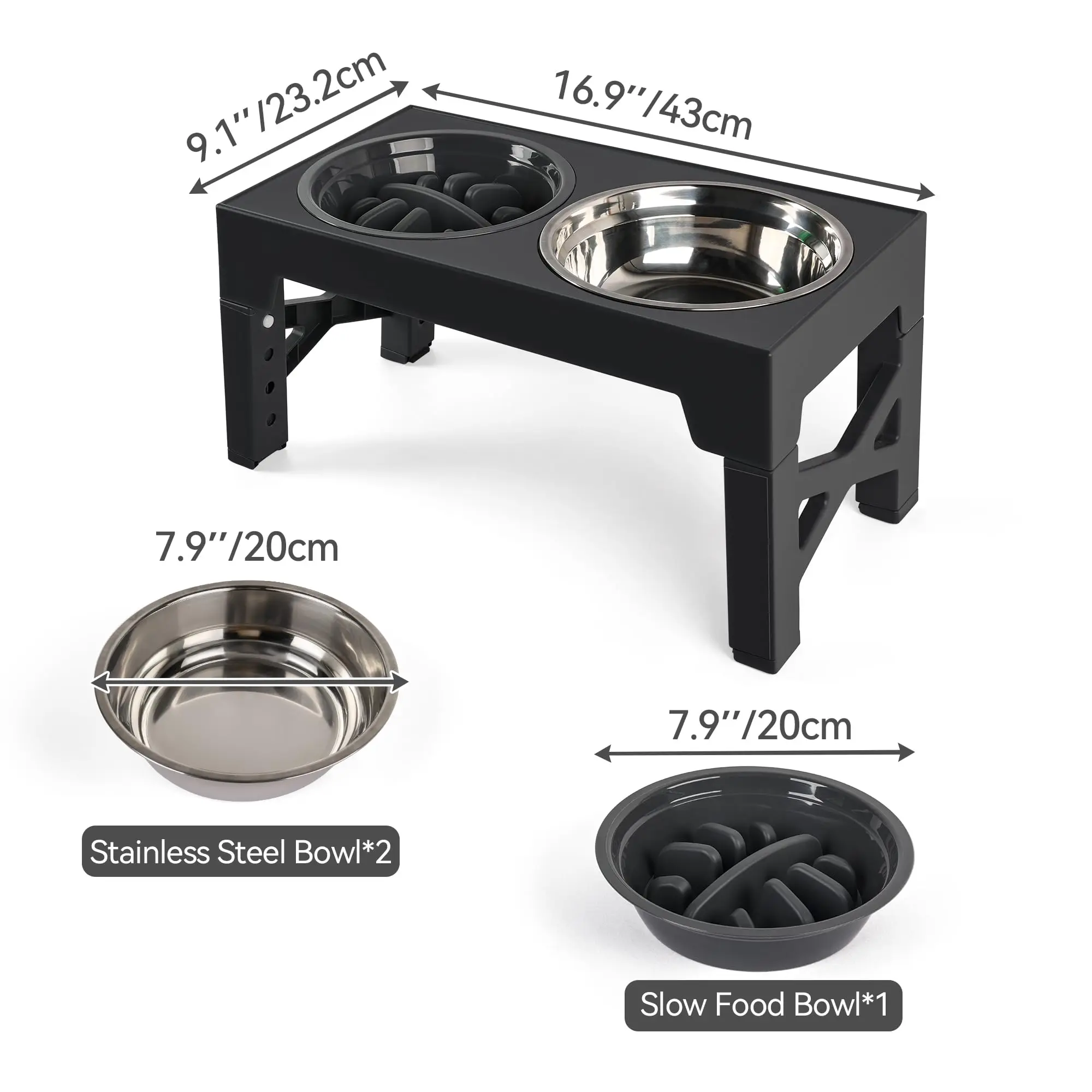 Raised Dog Bowls Eco-Friendly 2-in-1 Medium/Large Dogs 2x1200ml Stainless Steel 4-Height Adjustable Elevated Feeding Station